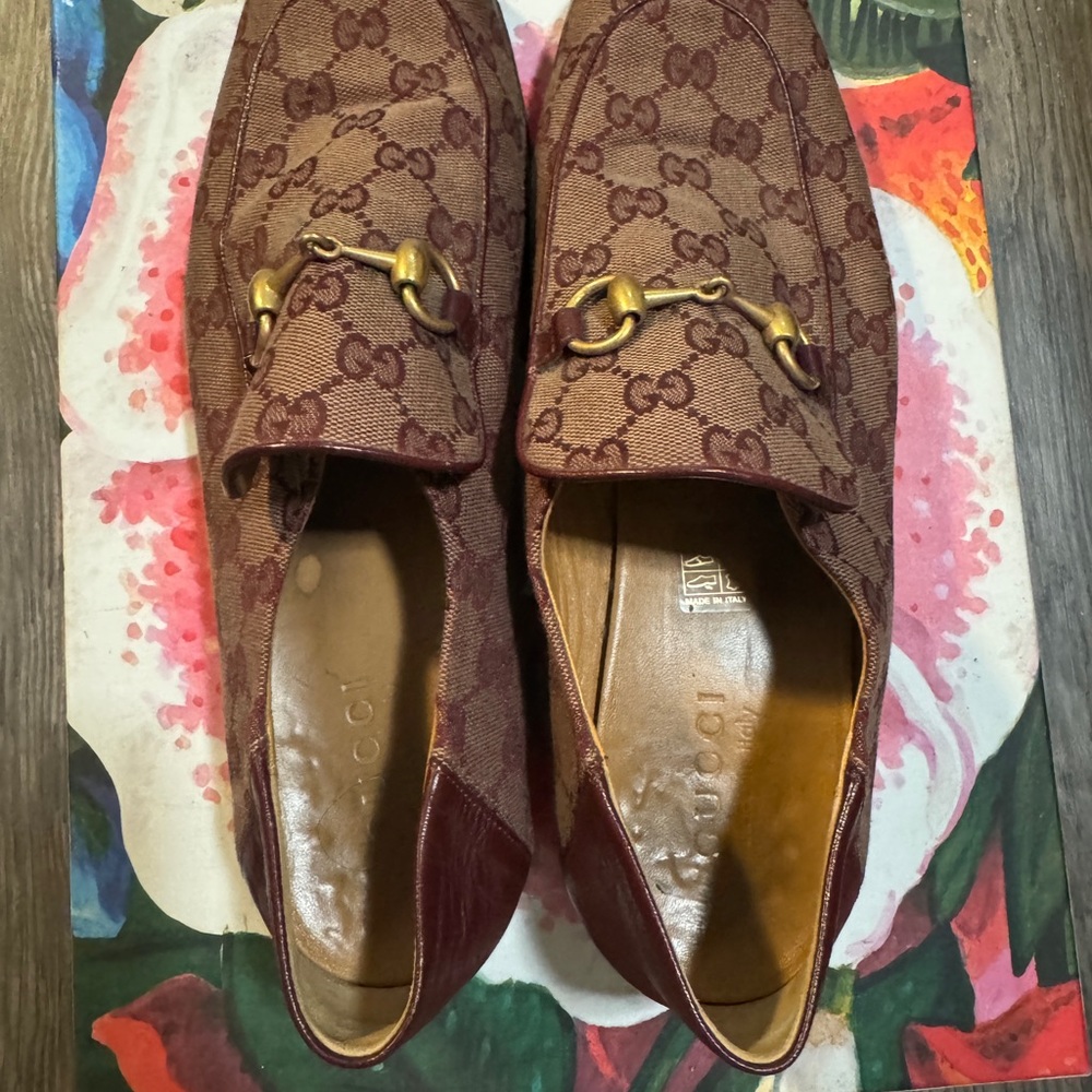 GUCCI Burgundy GG Canvas Jordaan Horsebit Slip On Loafers - 10.5 MENS